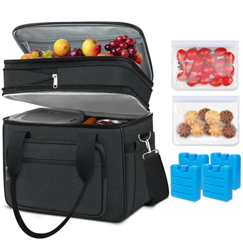 Coobiiya 23L Large Expandable Insulated Lunch Bag Cooler Bag，Lunch Box for Men Double Deck Leakproof，Heavy Duty LunchBag with 4 Ice Packs&10 Snack Cooler Bags for Camping, Travel, Kayaking & Beach
