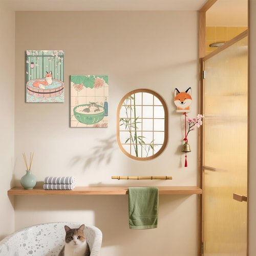 Framed Japanese Wall Art Set by [Brand Name] - Cute Tabby Cat, Fox & Frog Bathroom Decor | 12x16 Inch Canvas Prints