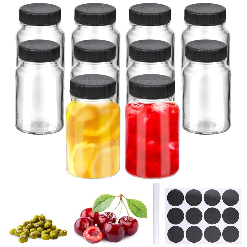 10 Pcs Glass Shot Bottles with Caps, 2oz Ginger Shots Bottles, Reusable Thick Mini Juice Shot Bottle with Label, Small Bottle, Wide Mouth Small Glass Jars with Lids for Oil Sauce (Black Lid)