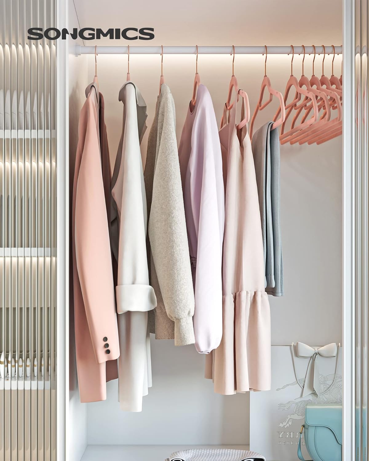 SONGMICS Velvet Hangers - Non-Slip Rose Gold Swivel Hook - Space-Saving Set of 50 - Coral Pink, 17.1-Inch Long