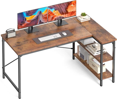 DUMOS L Shaped Desk - 47 Inch Corner Computer Desk with Reversible Storage Shelves | Rustic Brown