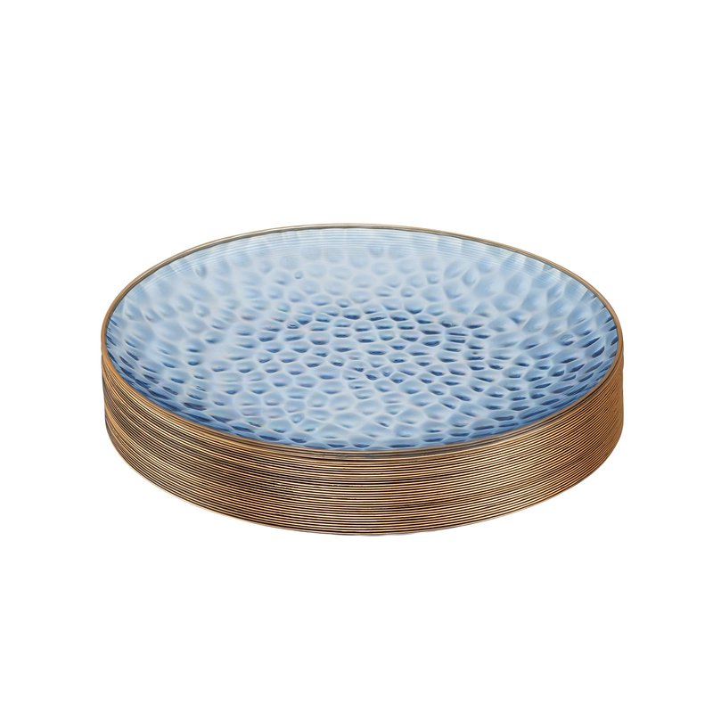 PLASTICPRO 30 Pack Hammered Plastic Plates Heavyweight Disposable Plastic Plates Elegant Clear Hammered Rim Platsic Party Dishes (Blue With Gold Rim, 7'' INCH PLATES)