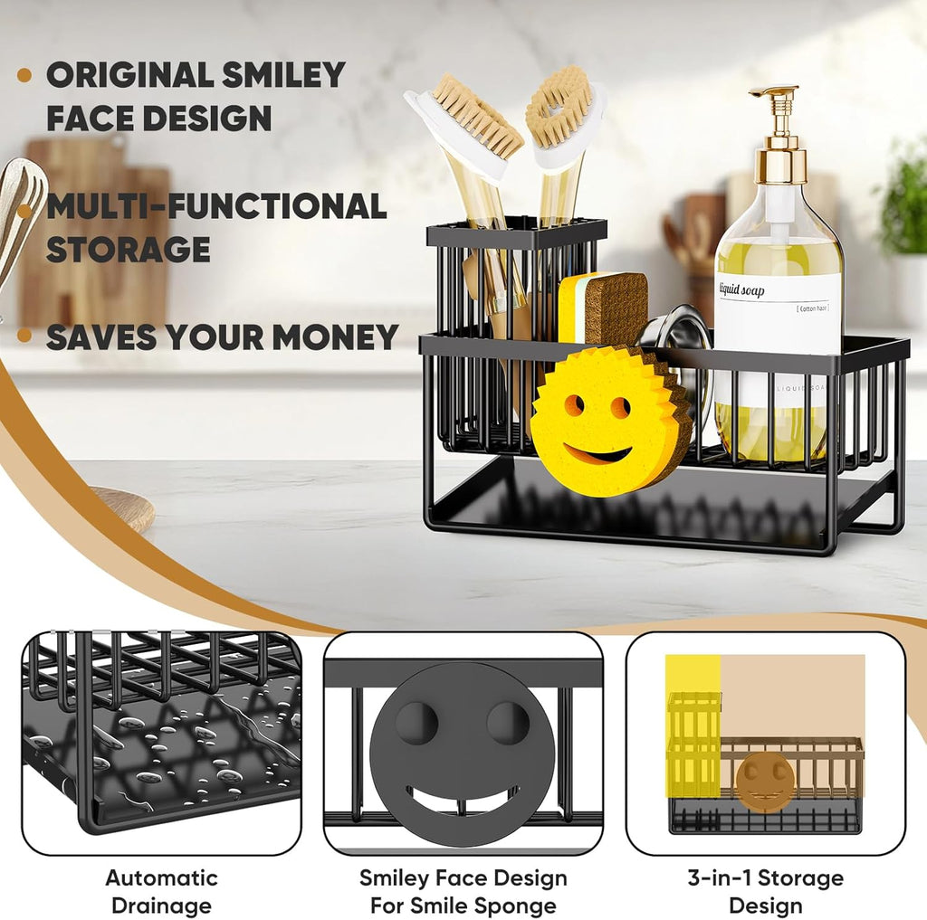 Skiennix Sponge Holder - Smiley Face Sink Caddy with Removable Brush Holder | Self-Draining Design