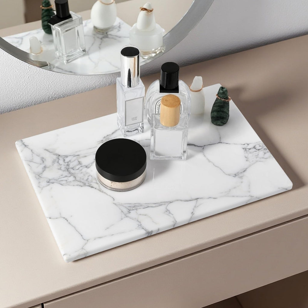 Koville Italian Natural Marble Cutting Board for Kitchen Pastry Bread Macaron Display, 12" x 8" Real Stone Slab Marble Cheese Board for Counter, Bathroom Perfume Tray Candle Plate (Arabescato)