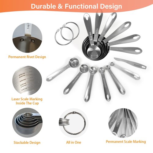 Wuzzox Stainless Steel Measuring Cups & Spoons Set of 13, Stackable Metal Measuring Cups & Spoons, Kitchen Gadgets for Cooking & Baking