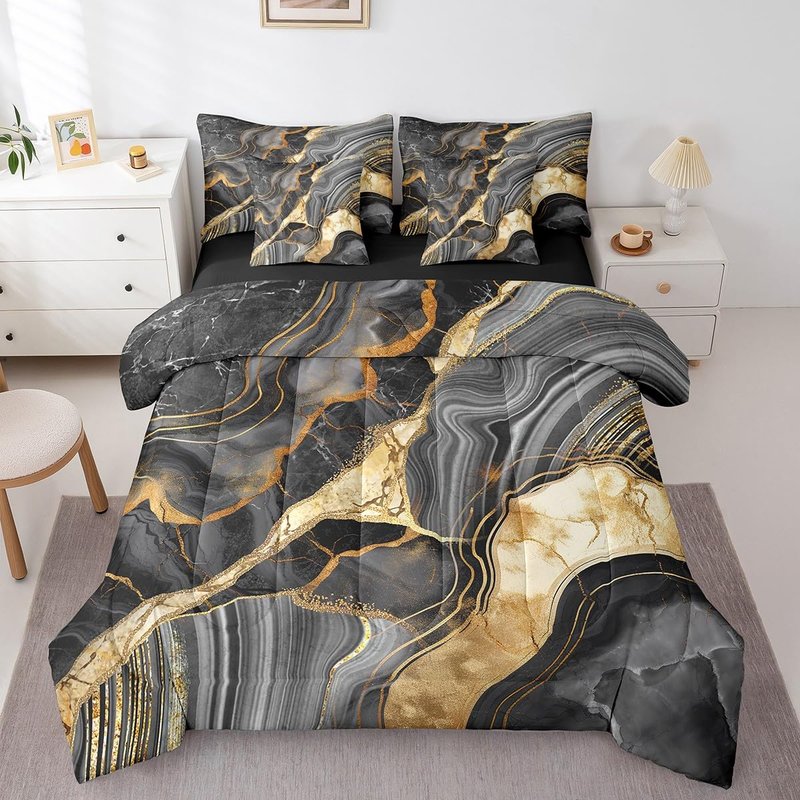 Erosebridal Black Marble 7 Pcs Comforter Set King, Gold Crack Bedding for Adults Men Women, Abstract Metallic Texture Sheet Set Bed in A Bag, Boho Hippie Fluid Reversible Black Duvet Insert