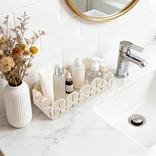 Mkono Macrame Storage Basket - Scalloped Edge Boho Woven Decor | Small Countertop Organizer Set of 2, Ivory