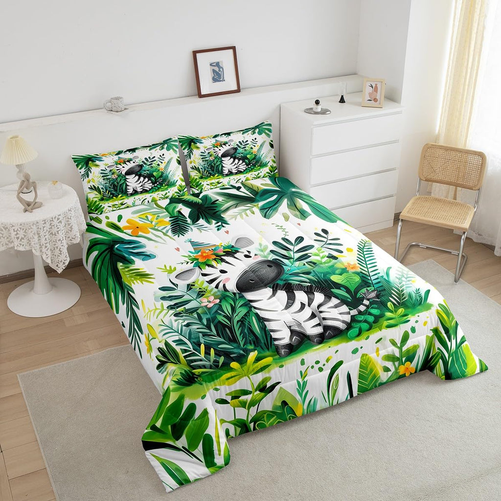 Feelyou Zebra Bedding Set Twin Size Zoo Animals Comforter Set for Kids Cartoon Animal Comforter Women Men Teens Ultra Soft Decor Cute Animals Botanical Tree Wildlife Duvet Set