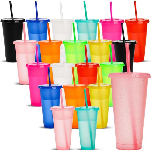 Tlence 20 Pack Glitter Tumblers with Lids and Straws, 24 OZ Reusable Plastic Iced Coffee Cup, Clear Cold Water Bottle Travel Mugs Bulk for Smoothie Juices, Perfect for Parties Birthdays, Multicolors
