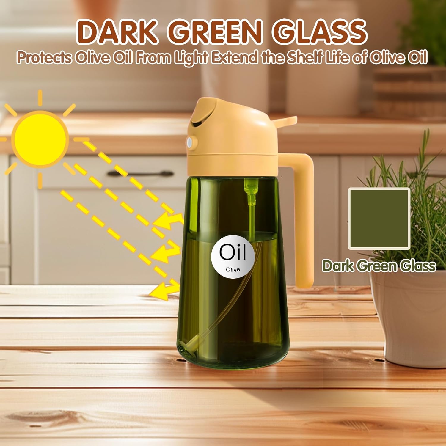 YARRAMATE Light-Blocking Dark Oil Sprayer - 16oz Olive Oil Dispenser Bottle, Premium Green Glass for Kitchen