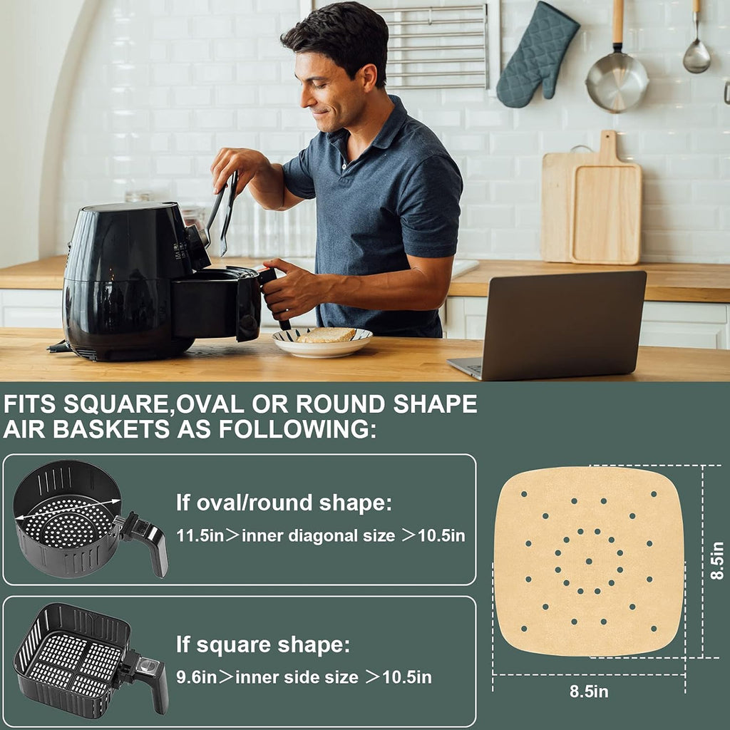 Skiennix Air Fryer Parchment Paper Liners - 200 Pcs, 8.5 Inch, Premium Perforated for Easy Cleanup