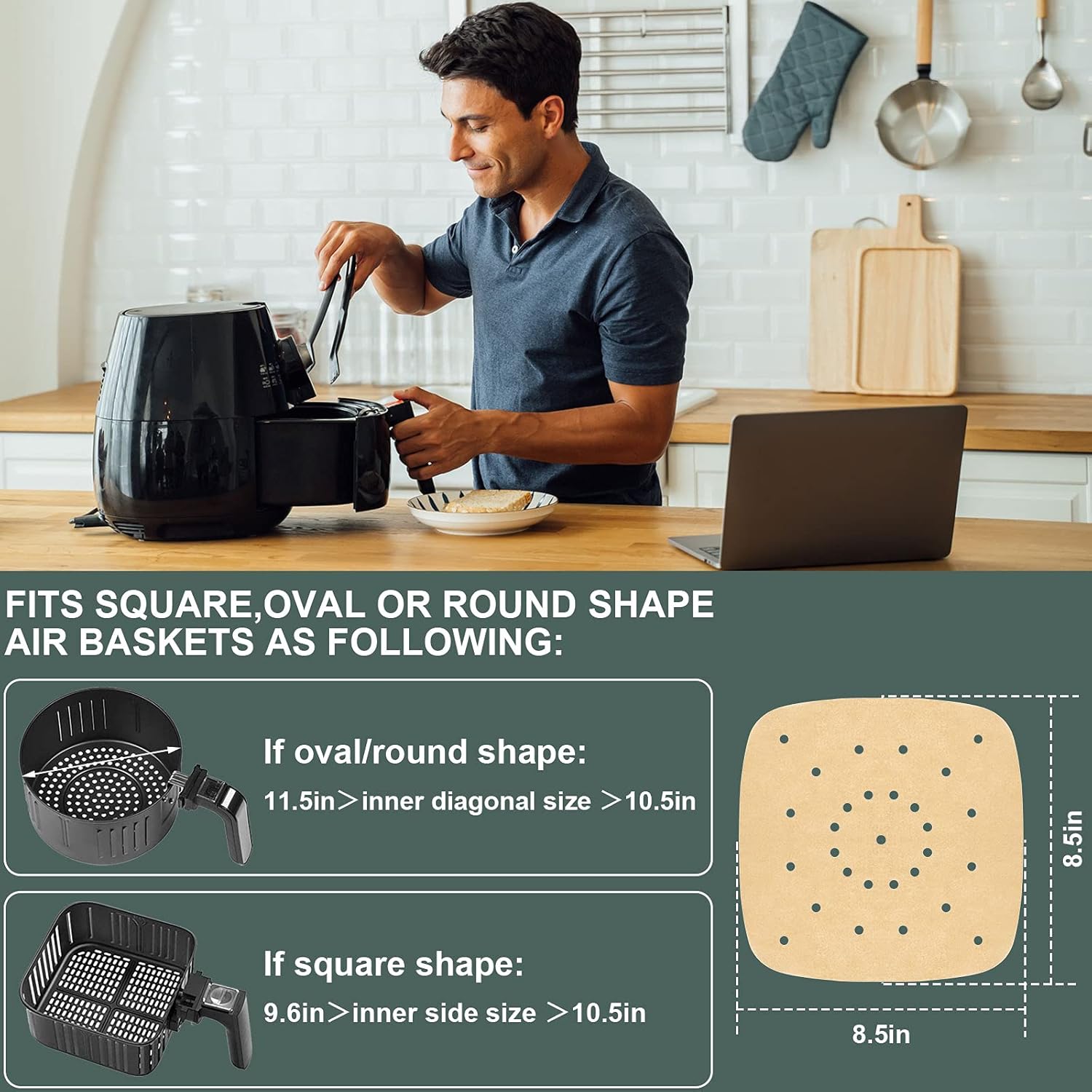 Skiennix Air Fryer Parchment Paper Liners - 200 Pcs, 8.5 Inch, Premium Perforated for Easy Cleanup