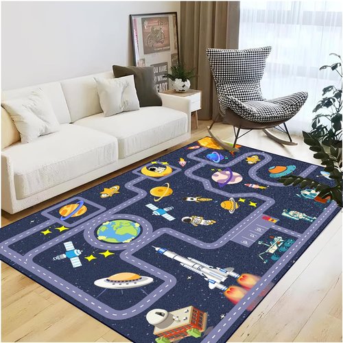 Pyrrhite Outer Space Kid Rug，Boys Car Rug for Kids Toy Cars Have Fun Safely, Non-Slip Educational City Road Rugs Carpets for Kid Room Bedroom（70×47 in