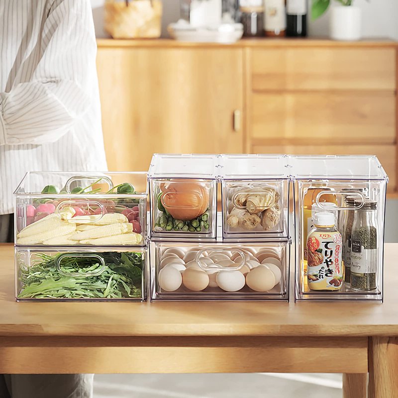 MineSign 4 pack Stackable Refrigerator Organizer Bins Pull-Out Drawers for Fruit and Veggies Storage Organizer for Fridge Clear Drawer Containers with Handle Divided Organization for Produce Saver