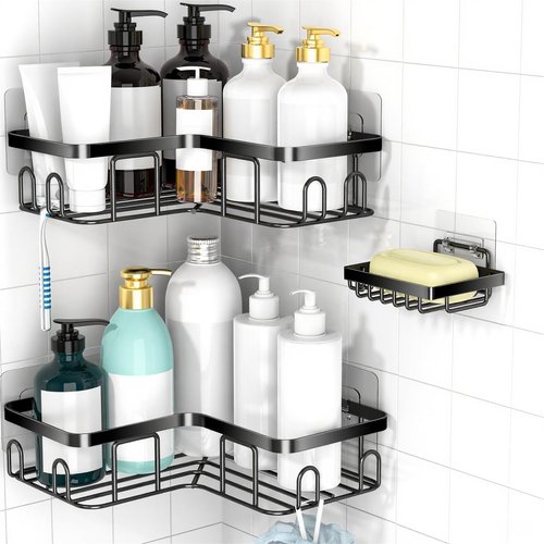 Moforoco Corner Shower Caddy | Self-Adhesive Black Organizer Shelf for Bathroom Storage & Decor