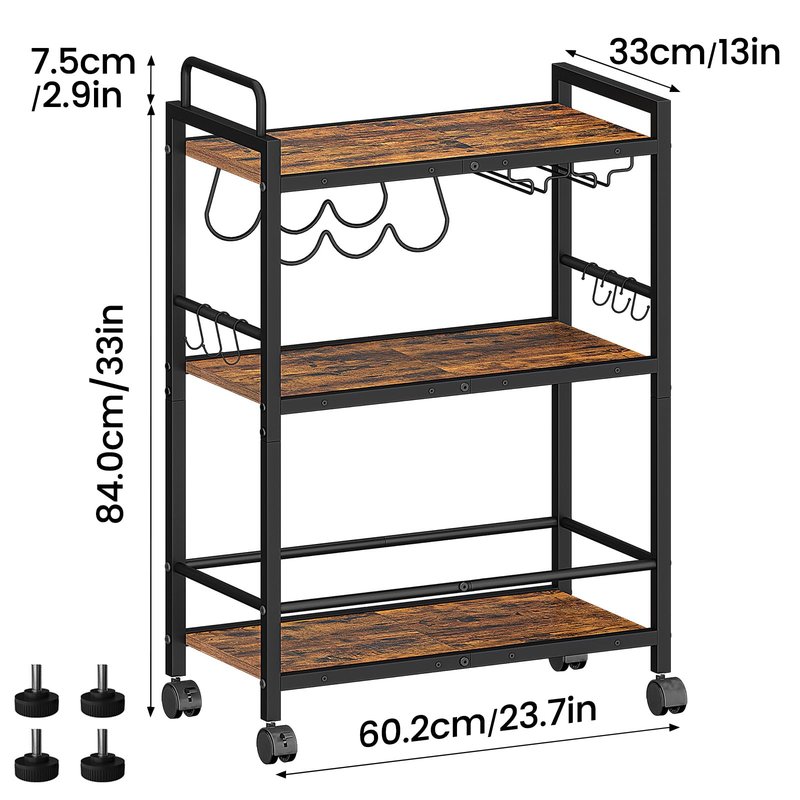 Home Bar Serving Cart, Serving Cart with Wheels and Handle, 3 Tier Rolling Kitchen Cart, Microwave Cart, Beverage Cart with Wine Holder and Glass Holders, for Dinning Room, Living Room, Kitchen