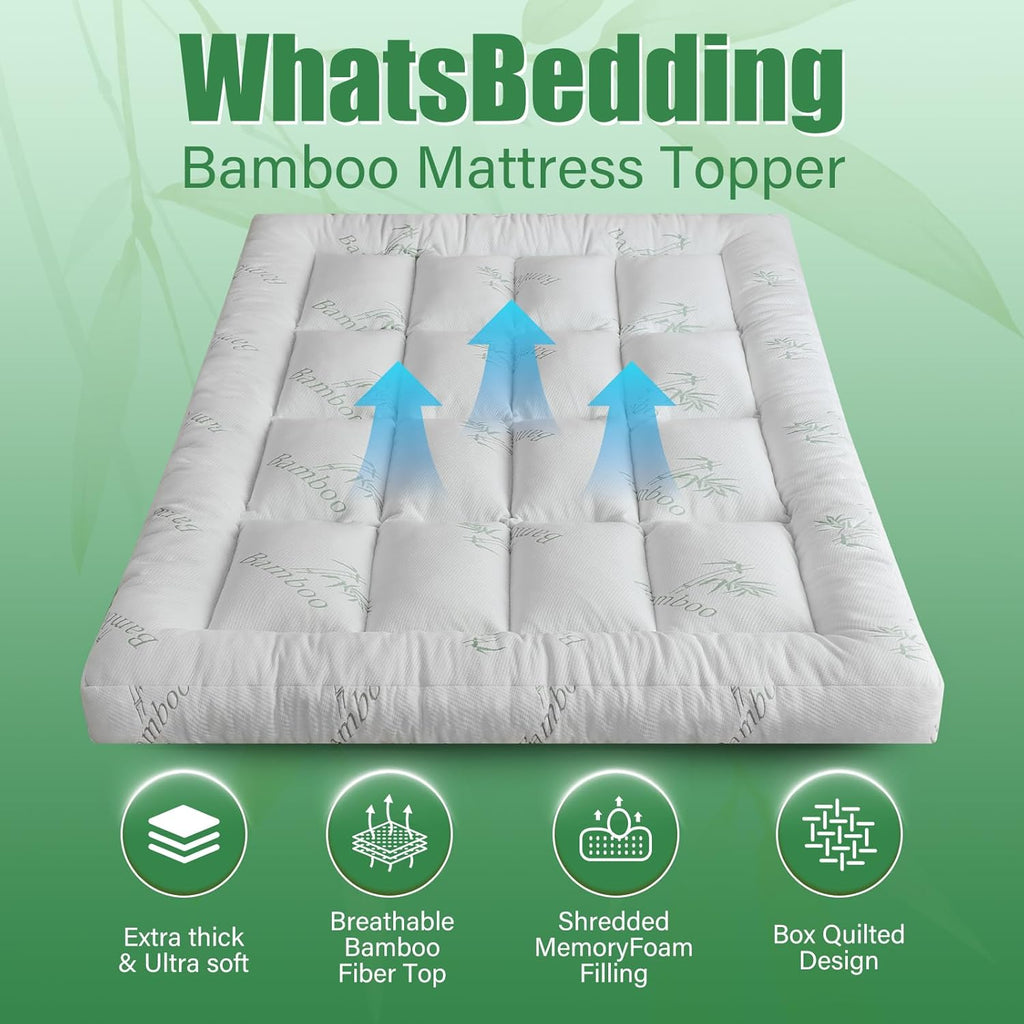 WhatsBedding 5-Inch Memory Foam Mattress Topper - Soft Bamboo Viscose, Breathable Queen Size, 80x60x5in