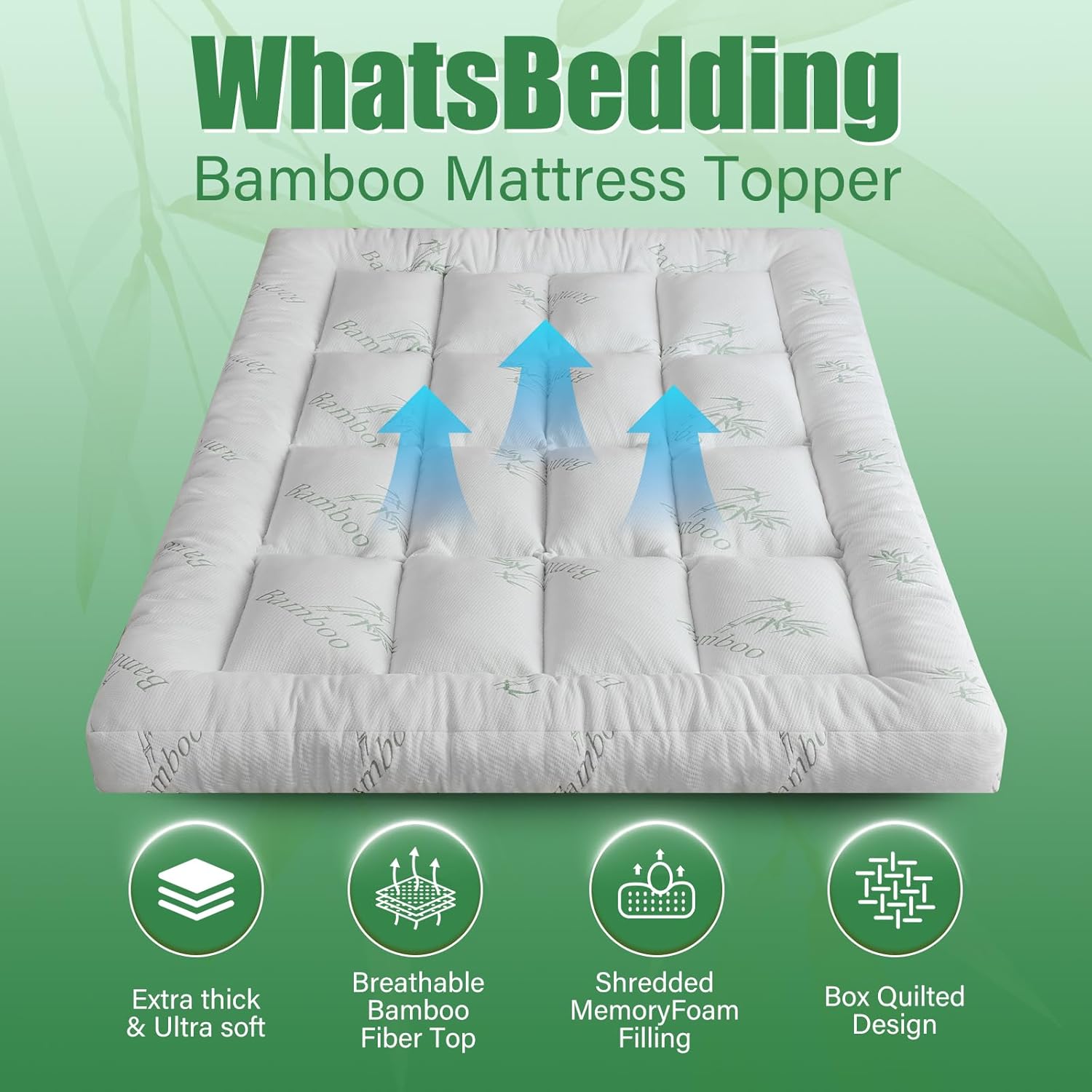 WhatsBedding 5-Inch Memory Foam Mattress Topper - Soft Bamboo Viscose, Breathable Queen Size, 80x60x5in