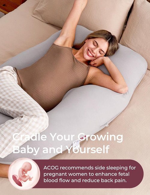Momcozy U-Shaped Pregnancy Pillow - Full Body Support for Expecting Moms | 57-Inch Grey Jersey Cover