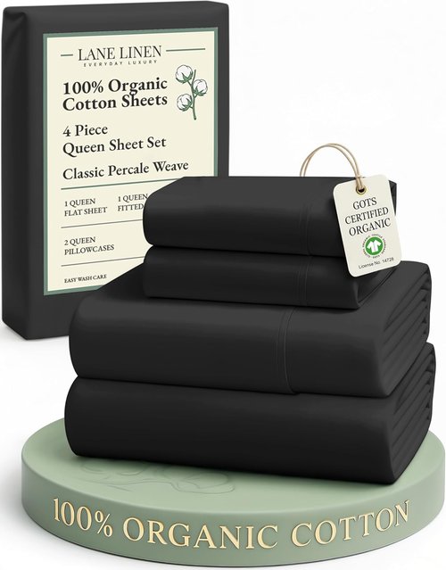 **LANE LINEN 100% Organic Cotton Queen Size Sheet Set - Naturally Cooling Percale Weave, Deep Pocket, Black**