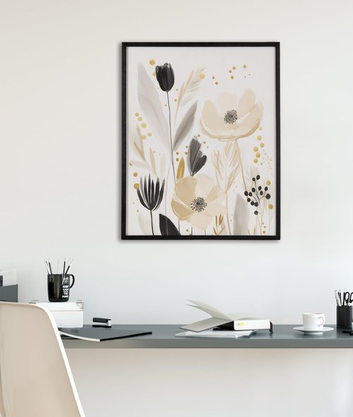 Kate and Laurel Modern Muted Cottage Floral Abstract Framed Wall Art by The Creative Bunch Studio, 16x20 Black, Cute Flower Art for Wall
