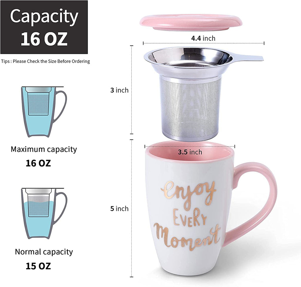 Jemirry Tea Mug Tea Cup, Ceramic Cup with Lid - Pink
