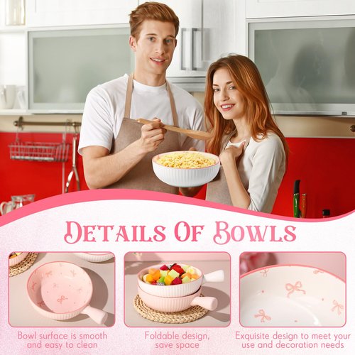 Reallnaive 4 Pcs Pink Bow Soup Bowls with Handles 15 oz Coquette Bow Theme French Onion Soup Crocks Ceramic Large Salad Bowl Oven Safe for Stew Onion, Chili, Cereal, and Pasta Stackable Serving Set