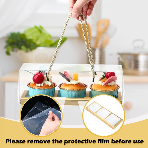 Chiisong 24 Pcs Clear Cupcake Boxes 9 x 3 x 3 Inch Portable Pastry Packaging Portable Gable Boxes with Rope Handle, Inserts 3 Compartments Bakery Take out Containers(Gold)