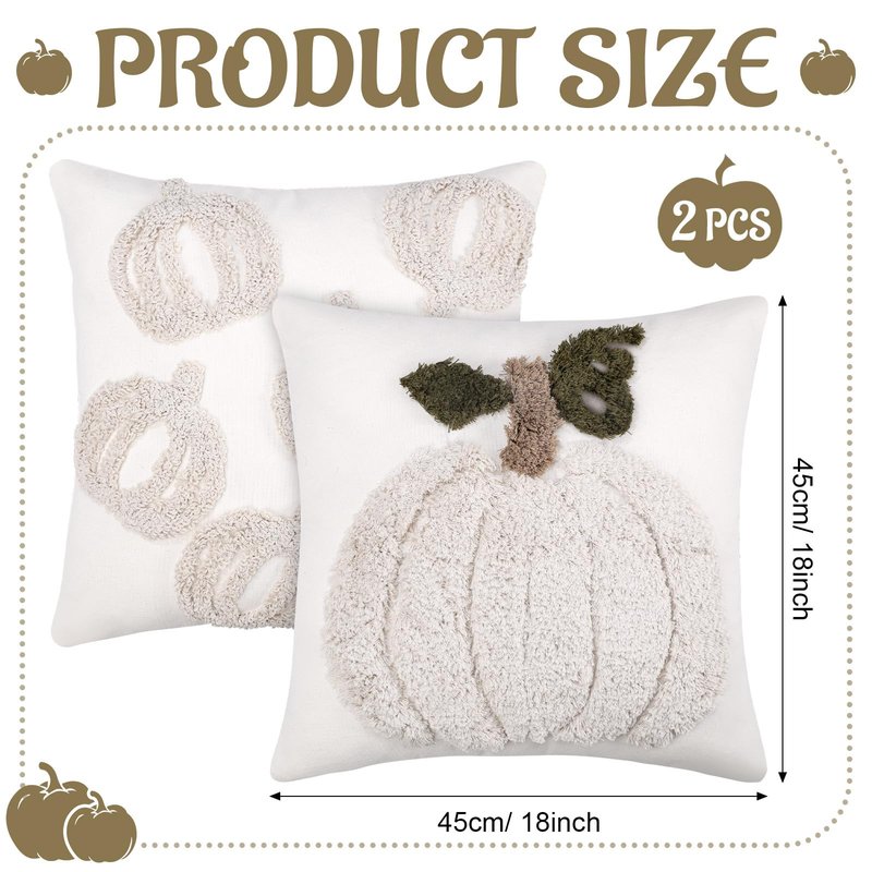 2 PCS Pumpkin Pillow Covers Fall Pillow Covers Autumn Halloween Thanksgiving 18x18 Inch Square Beige White Linen Embroidered Throw Pillow Cases Soft Decor for Sofa Bed Couch Living Room Farmhouse Home