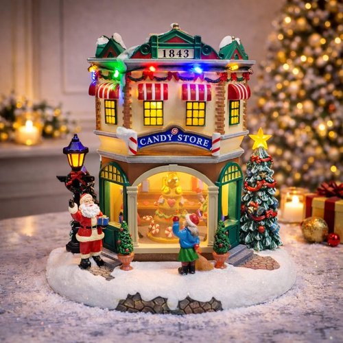 Moments In Time LED Musical Candy Store - 10.3” Light Up Christmas Village Scene | Plays 8 Classic Songs, Battery Operated Holiday Décor Gift