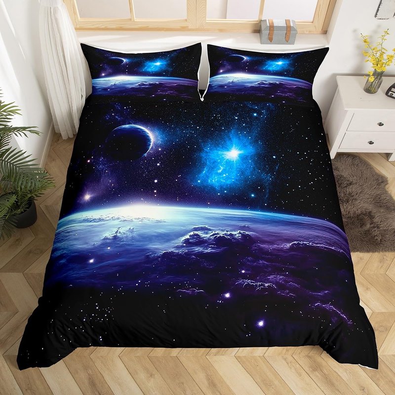 Erosebridal Galaxy Outer Space King Duvet Cover, Universe Planet Bedding Set for Kids Boys Teen Room Decor, Starry Sky Astronaut Theme Bed Set 3-Piece Quilt Cover (No Comforter)