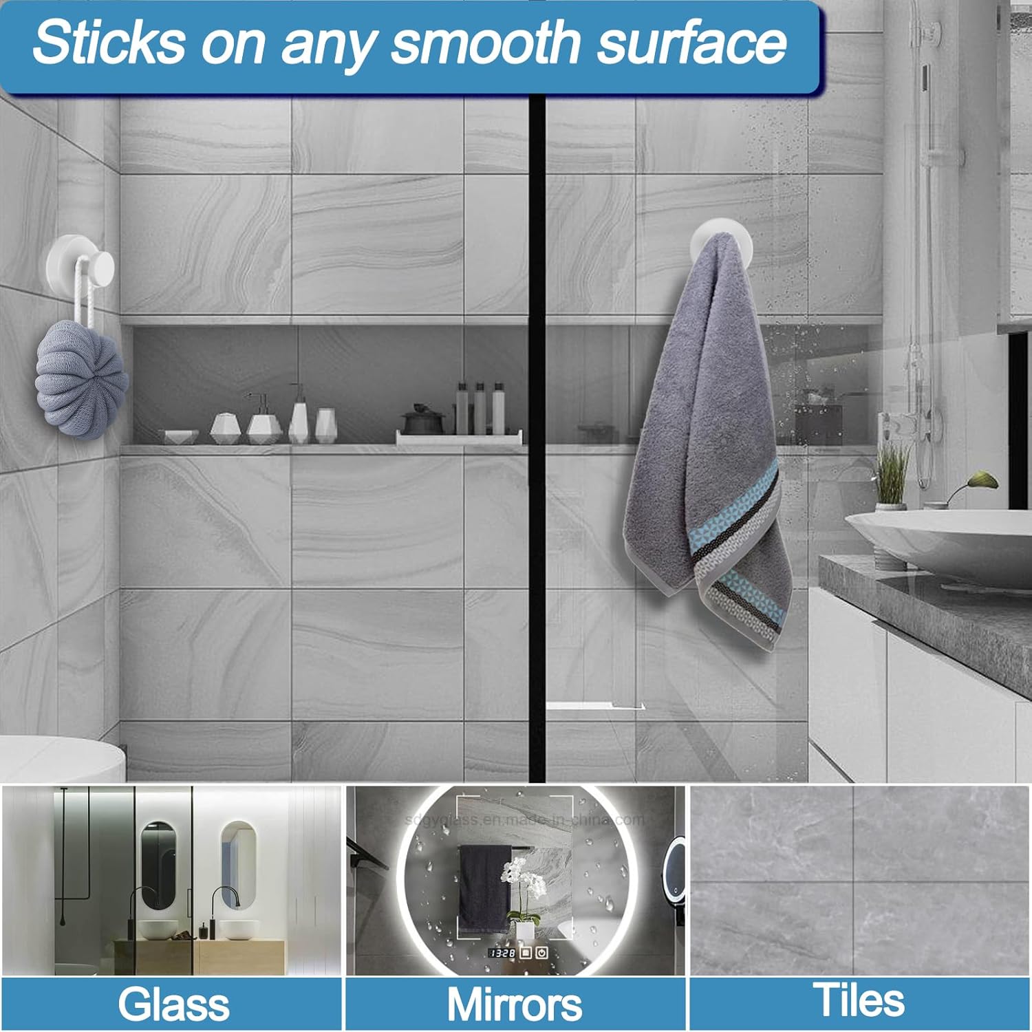 Regine Switzerland Suction Cup Hooks - No Drill Shower Hooks for Glass Windows & Mirrors | White (4 Pack)