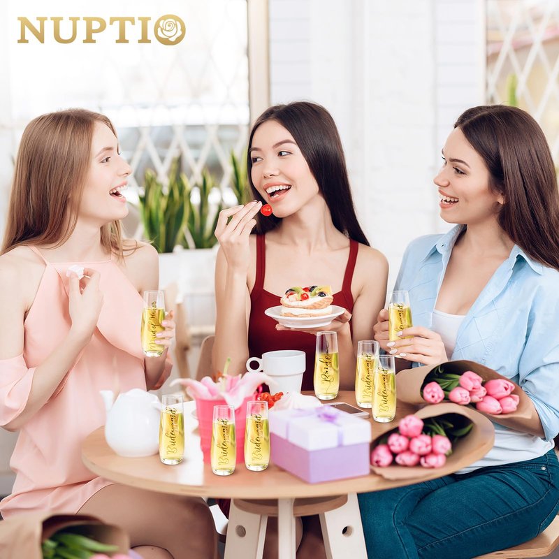 NUPTIO Champagne Glasses Maid of Honor: Stemless Bridal Shower Party Prosecco Flutes Tumbler Wedding Gift Clear Gold Embossed
