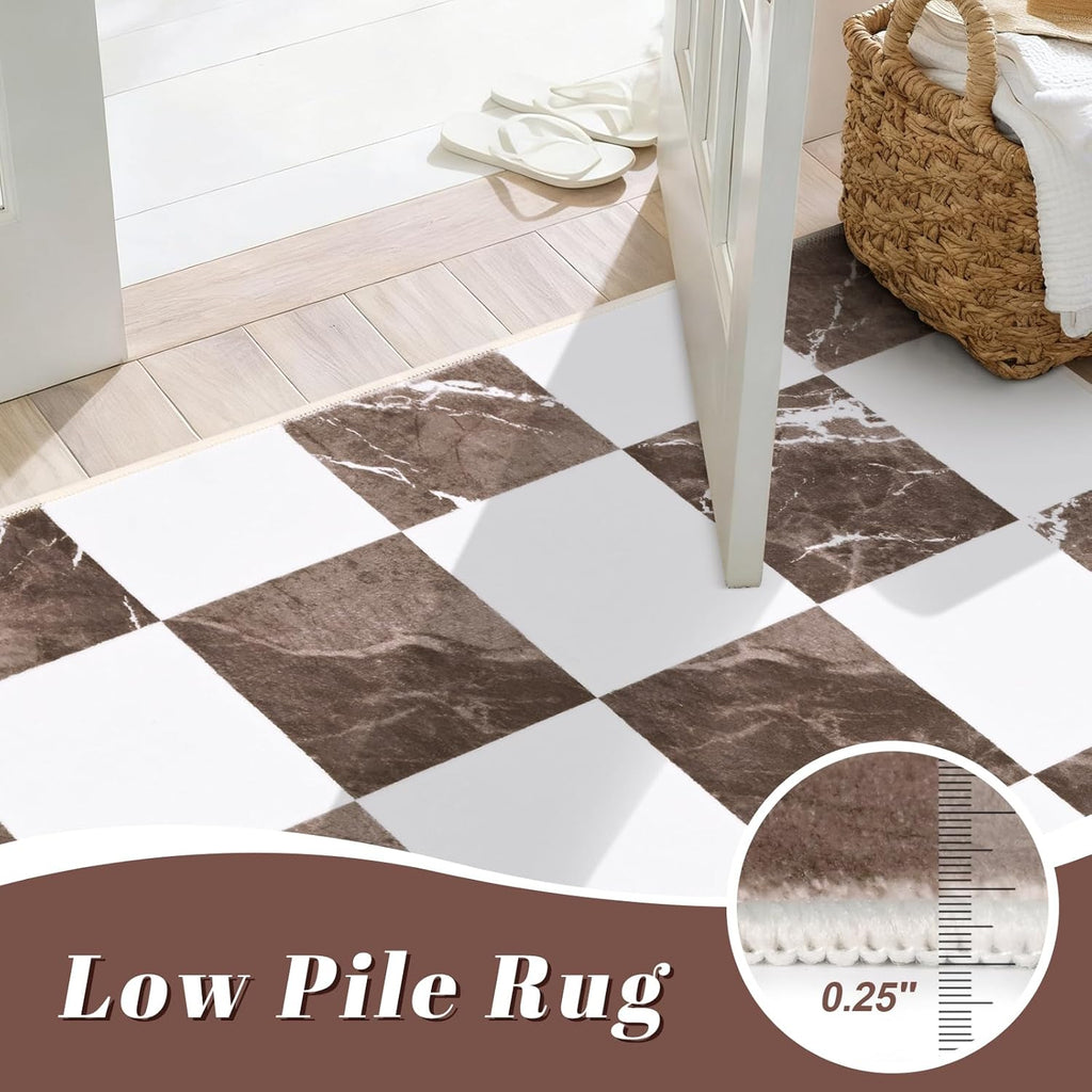 Yinhua Checkered Rug - Washable Brown and White Area Rug | Soft Non-Slip 2x3 Entryway Mat