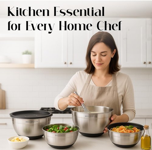 Bellemain Mixing Bowls Set - Stainless Steel Bowls with Airtight Lids | 3-Piece Kitchen Essentials for Baking & Serving