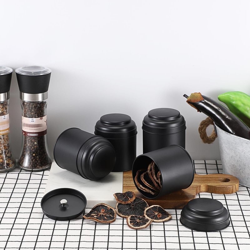 JUXYES 12 Pack Tea Tins Canister with Airtight Double Lids, 8 fl oz Loose Leaf Tea Storage Airtight Kitchen Canisters Tins Can Box for Storage Loose Tea Coffee Herbs and Spices, Black