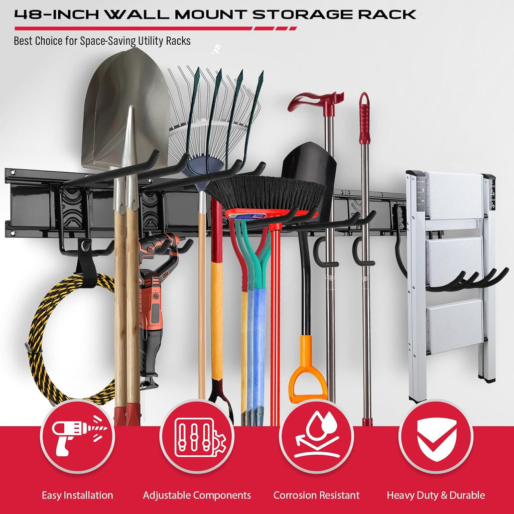 SEDY 48" Heavy-Duty Garage Wall Organizer - Adjustable Tool Storage Rack with 8 Hooks & 300lbs Capacity
