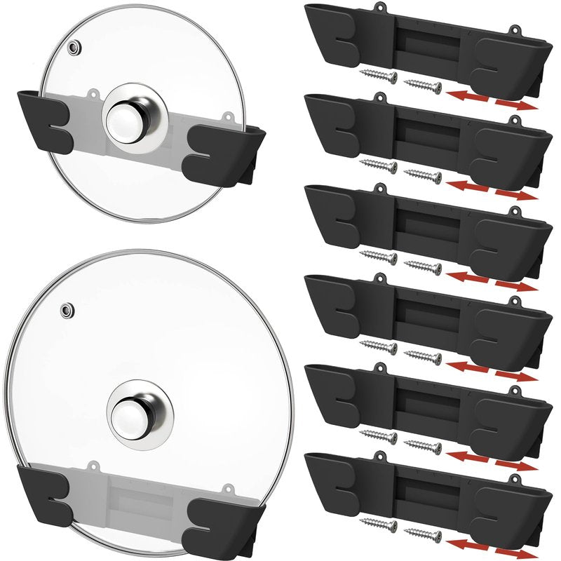 Nicejak Adjustable Universal Pot Lid Holder Organizer - Upgraded Patented Pan Lids Organizers Inside Cabinet Door Wall Mount Pots Top Rack for Kitchen Cupboard Fit 6" to 13" (8Pack-Black)