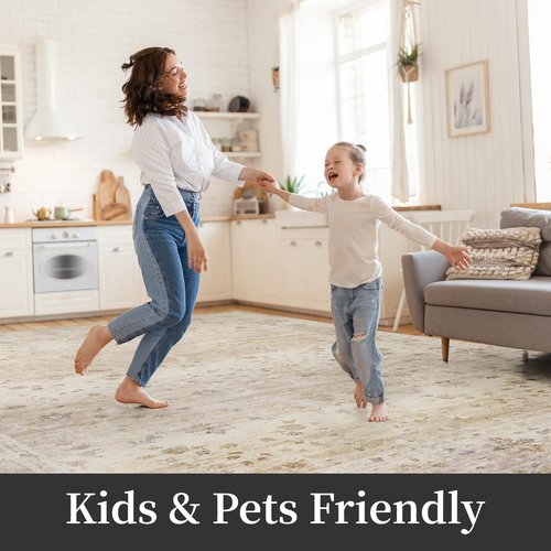 Large 8x10 Area Rugs Washable Non Slip Rug Low Pile Area Rug Distressed Printed Carpet Soft Area Rug for Living Room Dinning Room Bedroom Playroom Indoor, Beige