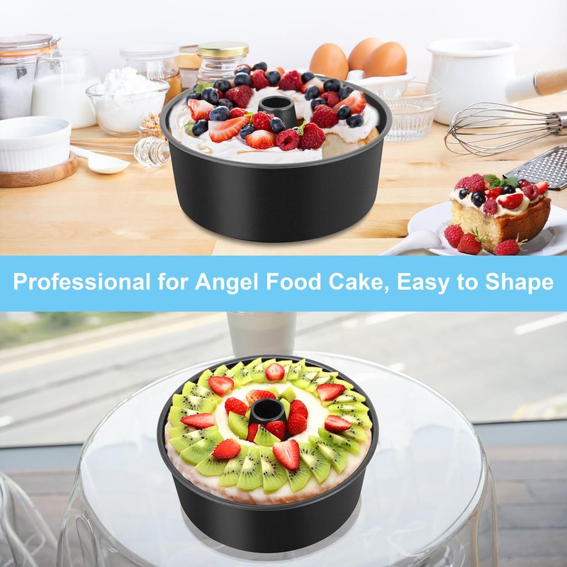 TeamFar 10 Inch Angel Food Cake Pan, Non-Stick Coating Stainless Steel Core Pound Cake Pan with Tube, Healthy & Heavy-Duty, One-piece & Hollow Design, Release Easily & Easy Clean, Set of 2