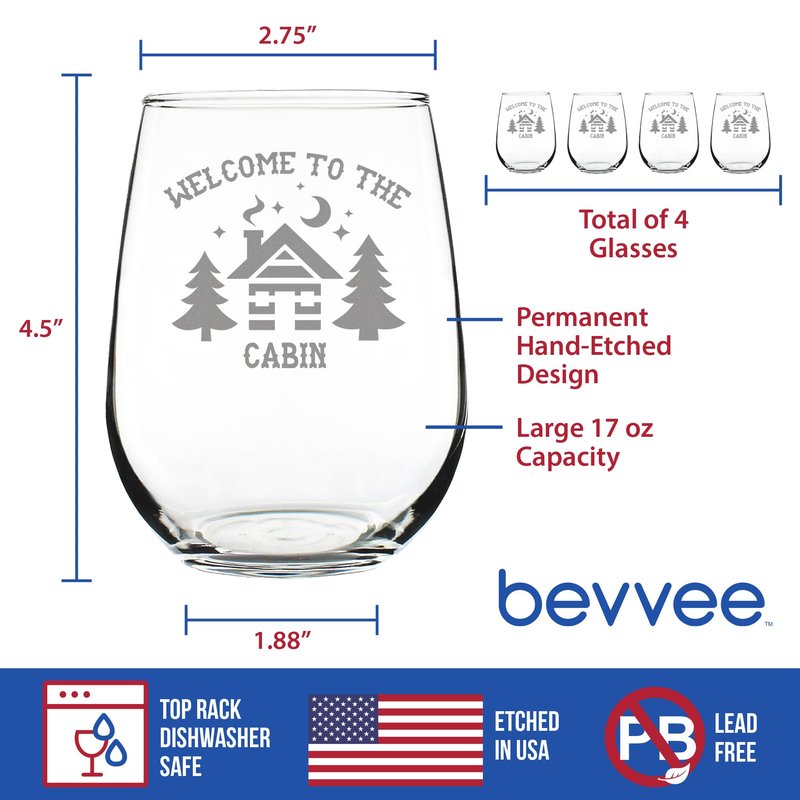 Bevvee Welcome To The Cabin - Stemless Wine Glasses - Set of 4 - Rustic Themed Gifts and Cabin Decor - Large 17 Ounce