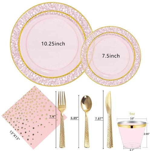 Nervure 175PCS Pink and Gold Plastic Plates - Pink Disposable Plates : 25 Dinner Plate,25 Dessert Plate, 25 Forks,25 Knives, 25 Spoons, 25 Cups,25 Napkins for Wedding & Party