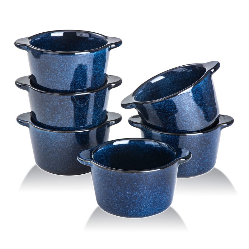 Creme Brulee Ramekins Ceramic Bowls - VICRAYS Mini Custard Cups 6 oz oven Safe Bowls Souffle Dishes for Baking Individual Casserole Dipping Sauce, Set of 6, Blue