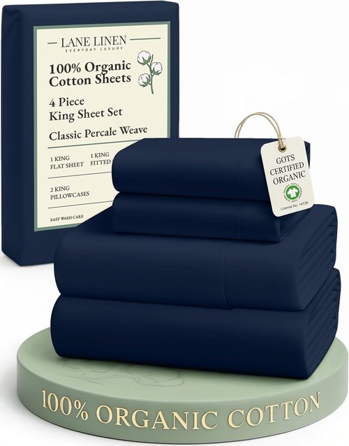 LANE LINEN King Sheet Set - 100% Organic Cotton, Fully Elasticized, Naturally Cooling, Navy