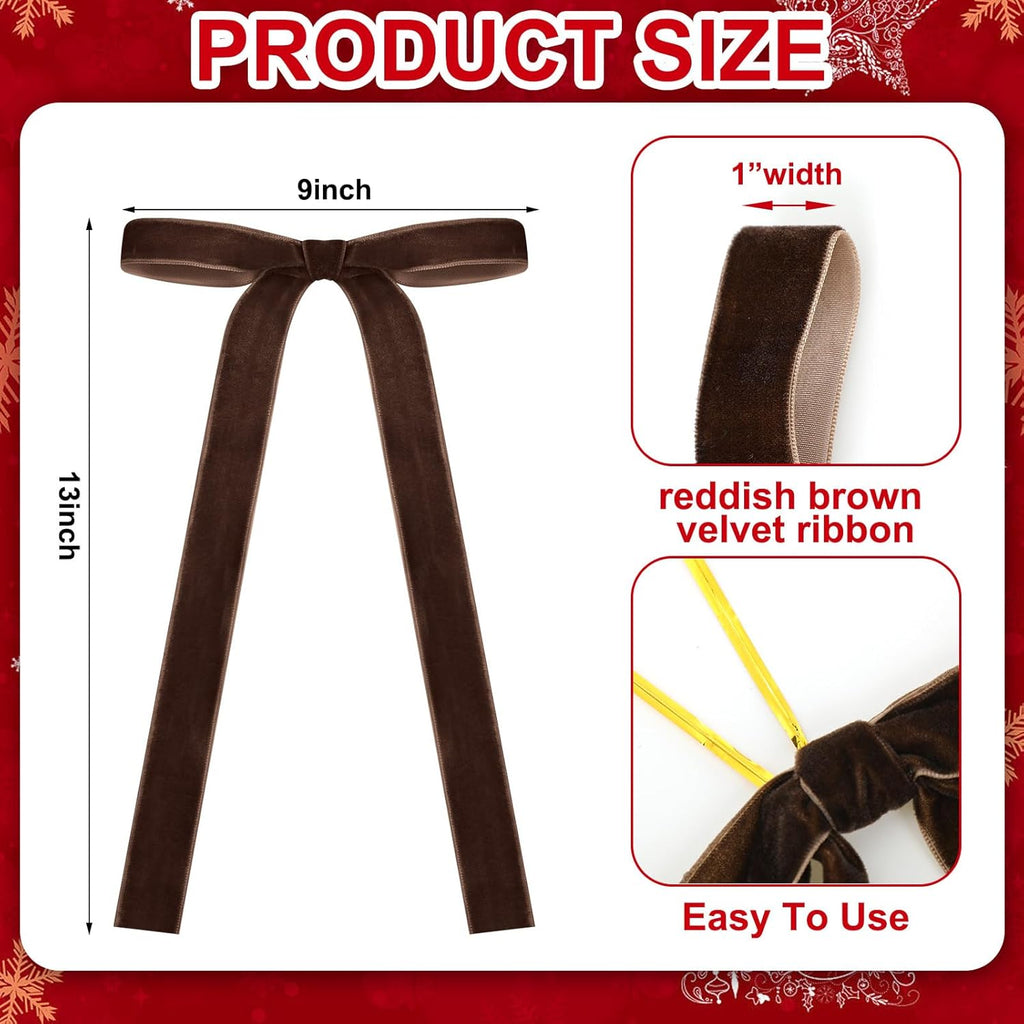 Skiennix 24 Pcs Velvet Bows - Vintage Ribbon Bows for Christmas Tree & Crafts | Chocolate Brown (9 x 13 Inch)