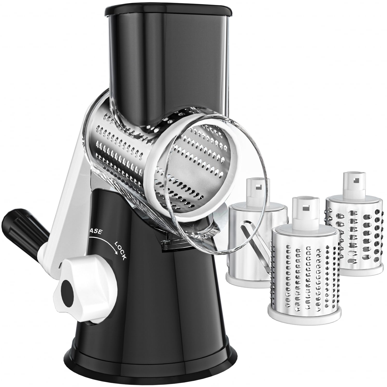 Ancevsk Cheese Grater Hand Crank, Rotary Vegetable Shredder with Handle and Strong Suction base, 3 in 1 Kitchen Speed Spin Veggie Slicer Nut Grinder for Pizza Top, Hash brown, Salad and More (Black)
