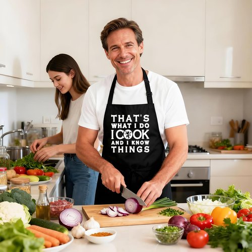 Kaidouma Funny Grilling Aprons for Men - That's What I Do I Cook and I Know Things - Men’s Adjustable Chef Cooking BBQ Grill Aprons with 2 Pockets and 40” Long Ties