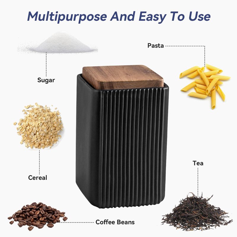 Ceramic Storage Jars Modern Elegant Polished Airtight Gorgeous Storage Canisters with Wooden Lid Small Food Stroage Jar for Kitchen Spice Tea Vanilla Sugar Coffee Beans (Black,Large size,17cm*10cm)