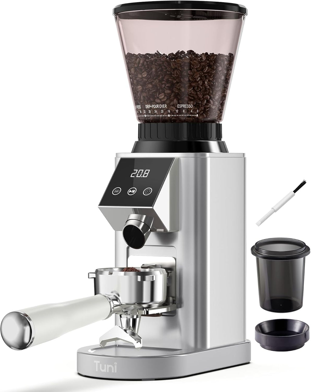 Tuni G1 Conical Burr Coffee Grinder - 48 Grind Settings, Precision Timer & LED Touchscreen | Stainless Steel Silver