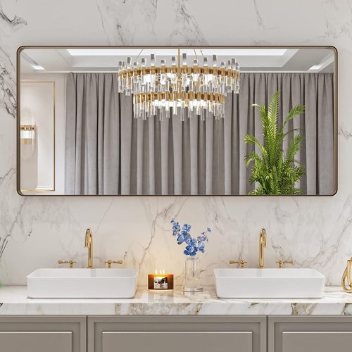 LOAAO Bronze Bathroom Mirror - 60”x28” Rounded Rectangle with Anti-Rust Frame | Hangs Horizontally or Vertically